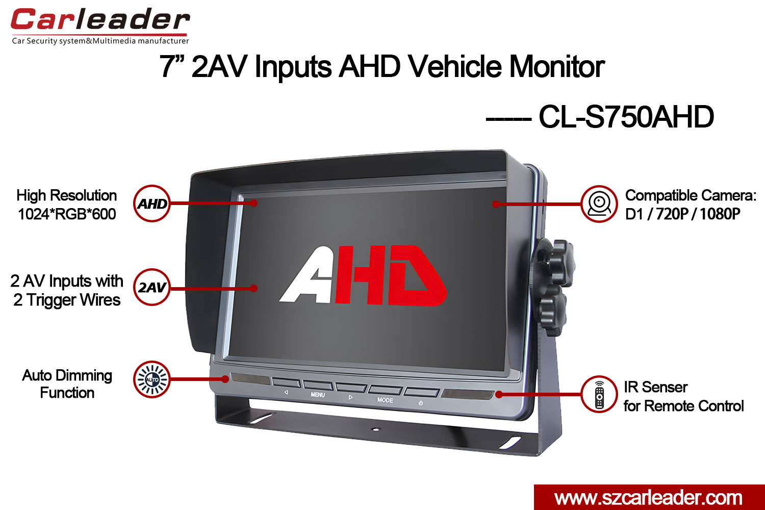 Monitor Pembalikan AHD 2AV 7 inci untuk Truk