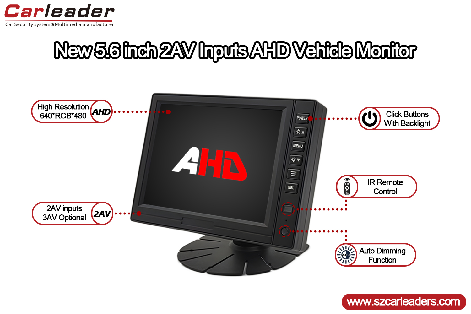 5.6 Inch Dash Mount LCD AHD Monitor With Backlit buttons 